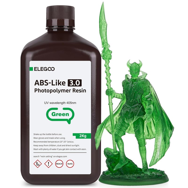 ELEGOO راتنج ABS مثل المحسن 3.0، راتنج طباعة ثلاثية الأبعاد UV-Curing 405nm بدقة أعلى وانكماش أقل، راتنج فوتوبوليمر معزز القوة والصلابة لطابعة LCD باللون الأخضر الشفاف 2000G - Image 1